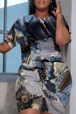 Denim Blue Faux Denim Print O Neck Short Sleeve Oversize T Shirt And Shorts Set Casual Sportwear Plus Size Two Piece Matching Set