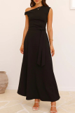 Red Sleeveless Oblique Collar Lace Up Formal Evening Party Prom Maxi Dresses