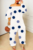 White Polka Dot Print Off Shoulder Long Sleeve Vacation Casual Harem Leg Jumpsuits