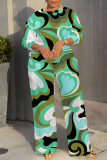 Light Blue Graphcis Print O Neck Long Sleeve Oversize Tops And Wide Leg Pants Sportwear Casual Plus Size Two Pieces Sweatpant Sets