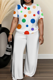 White Black Polka Dot Print O Neck Short Sleeve Oversize T-shirt And Wide Leg Pants Casual Two Pieces Trouser Sets