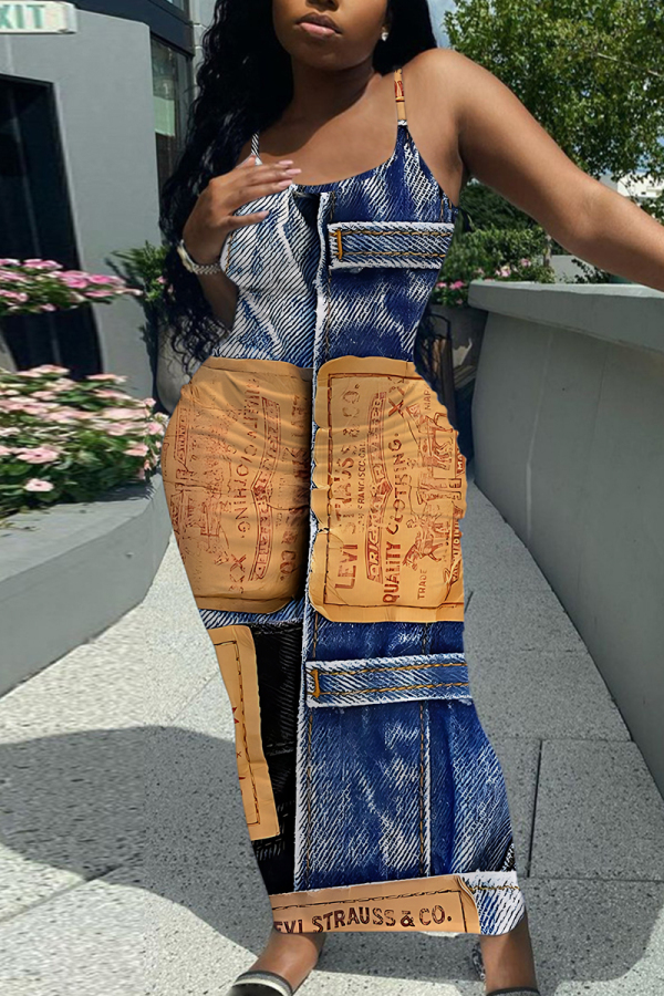 Blue Khaki Faux Denim Print Backless Spaghetti Strap Bodycorn Vacation Long Maxi Slip Dresses