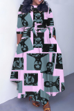 Yellow Graphics Print O Neck 3/4 Sleeve Belted Pockets Long Vacation Casual Pleated A Line Maxi Dresses