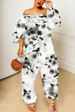 White Graphics Print Off Shoulder Long Sleeve Vacation Casual Harem Leg Jumpsuits
