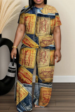 Blue Khaki Faux Denim Print O Neck Short Sleeve Oversize T-shirt And Wide Leg Pants Casual Two Pieces Trouser Sets