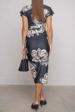 Black Flowers Print V Neck Slit Short Sleeve Casual Vacation A Line Ruched Maxi Dress