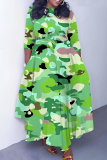 Blue Red Graphics Print O Neck 3/4 Sleeve Belted Pockets Long Vacation Casual Pleated A Line Maxi Dresses