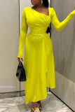 Fluorescent Yellow Asymmetrical Collar Long Sleeve Irregular Hem Formal Evening Party Prom Ruched Maxi Dresses