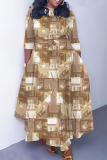 Camel Graphics Print O Neck 3/4 Sleeve Belted Pockets Long Vacation Casual Pleated A Line Maxi Dresses