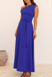 Red Sleeveless Oblique Collar Lace Up Formal Evening Party Prom Maxi Dresses