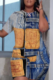 Denim Blue Faux Denim Print O Neck Short Sleeve Oversize T Shirt And Shorts Set Casual Sportwear Plus Size Two Piece Matching Set