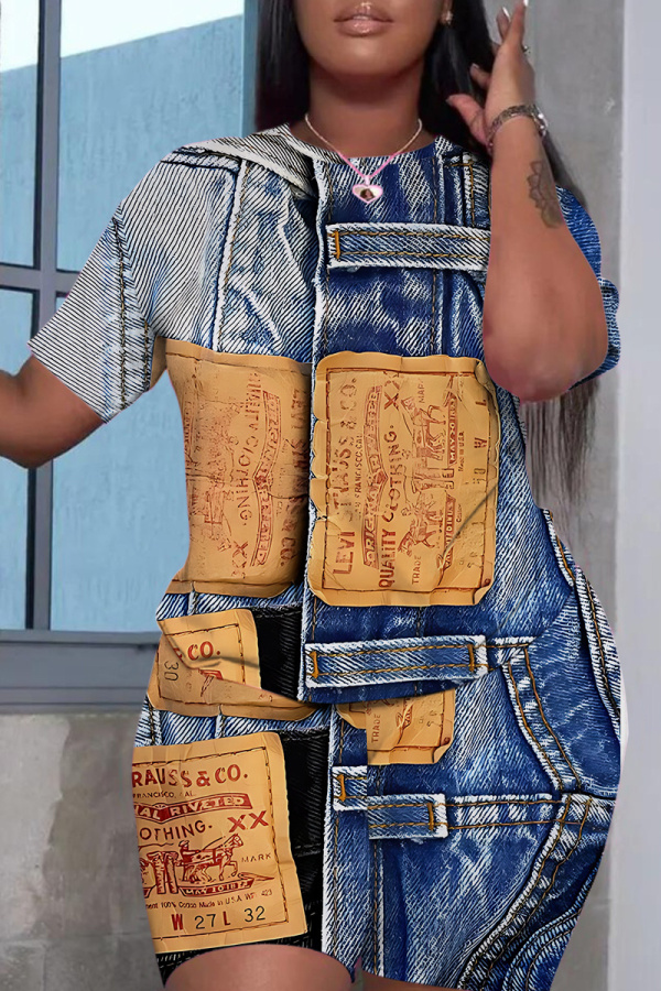 Denim Blue Faux Denim Print O Neck Short Sleeve Oversize T Shirt And Shorts Set Casual Sportwear Plus Size Two Piece Matching Set