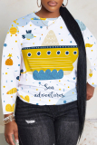 White Purple Cartoon Print Round Neck Long Sleeve Casual Sweatshirts Tops