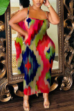 Green Graphics Print Sleeveless Backless Spaghetti Strap Bodycorn Vacation Long Maxi Slip Dresses