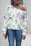 Purple Blue Floral Print Oblique Collar Long Sleeve Casual Plus Size Sweatshirt Tops