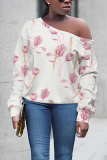 Purple Blue Floral Print Oblique Collar Long Sleeve Casual Plus Size Sweatshirt Tops