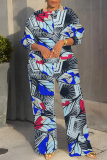 Light Blue Graphcis Print O Neck Long Sleeve Oversize Tops And Wide Leg Pants Sportwear Casual Plus Size Two Pieces Sweatpant Sets