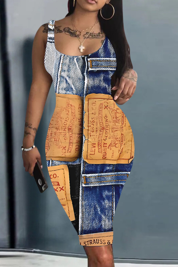 Blue Khaki Faux Denim Print Basic U Neck Sleeveless Vest Casual Bodycon Midi Tank Dresses