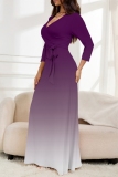 Dark Blue Gradient Print V Neck 3/4 Sleeve Lace Up With Belt Vacation Plus Size Pleated Maxi Dresses
