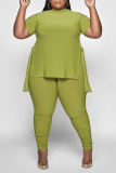 Grass Green O Neck Slit Belted T-shirt And Ruched Skinny Pants Casual Plus Size Two Pieces Trouser Sets