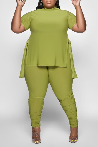 Grass Green O Neck Slit Belted T-shirt And Ruched Skinny Pants Casual Plus Size Two Pieces Trouser Sets Grass Green O Neck Slit Belted T-shirt And Ruched Skinny Pants Casual Plus Size Two Pieces Trouser Sets