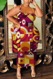 Light Purple Graphics Print Sleeveless Backless Spaghetti Strap Bodycorn Vacation Long Maxi Slip Dresses