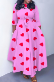 Dark Pink Graphics Print O Neck 3/4 Sleeve Belted Pockets Long Vacation Casual Pleated A Line Maxi Dresses