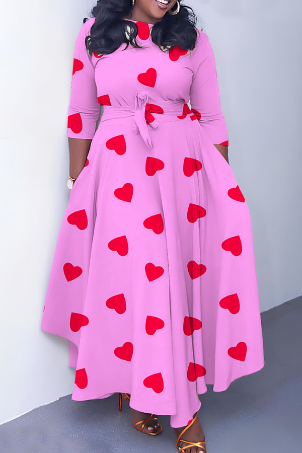 Dark Pink Graphics Print O Neck 3/4 Sleeve Belted Pockets Long Vacation Casual Pleated A Line Maxi Dresses