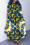 Yellow Graphics Print O Neck 3/4 Sleeve Belted Pockets Long Vacation Casual Pleated A Line Maxi Dresses