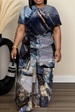 Blue Khaki Faux Denim Print O Neck Short Sleeve Oversize T-shirt And Wide Leg Pants Casual Two Pieces Trouser Sets