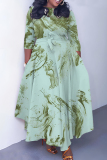 Brown Graphics Print O Neck 3/4 Sleeve Belted Pockets Long Vacation Casual Pleated A Line Maxi Dresses