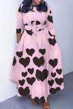 Dark Pink Graphics Print O Neck 3/4 Sleeve Belted Pockets Long Vacation Casual Pleated A Line Maxi Dresses