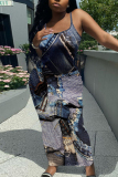 Blue Khaki Faux Denim Print Backless Spaghetti Strap Bodycorn Vacation Long Maxi Slip Dresses