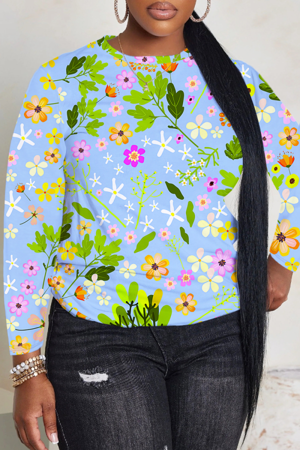 Light Blue Floral Print Round Neck Long Sleeve Casual Plus Size Sweatshirts Tops