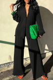 Black Turndown Collar Long Sleeve Buttons Blouse And Wide Leg Pants Vacation Casual Two Pieces Trouser Sets