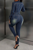 Dark Blue Turndown Collar Long Sleeve Buttons High Waist Casual Bodycon Denim Jumpsuits
