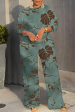Lake Green Graphcis Print O Neck Long Sleeve Oversize Tops And Wide Leg Pants Sportwear Casual Plus Size Two Pieces Sweatpant Sets