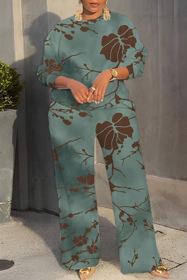 Lake Green Graphcis Print O Neck Long Sleeve Oversize Tops And Wide Leg Pants Sportwear Casual Plus Size Two Pieces Sweatpant Sets