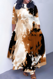 Brown Graphics Print O Neck 3/4 Sleeve Belted Pockets Long Vacation Casual Pleated A Line Maxi Dresses