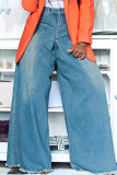 Blue High Waist Pocket Casual Distressed Wide Leg Denim Jeans