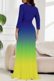 Dark Blue Gradient Print V Neck 3/4 Sleeve Lace Up With Belt Vacation Plus Size Pleated Maxi Dresses