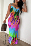 Purple Graphics Print Backless Sleeveless Spaghetti Strap Floor Length Long Baggy Vacation Maxi Slip Dresses