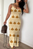 Black Graphics Print Backless Sleeveless Spaghetti Strap Floor Length Long Baggy Vacation Maxi Slip Dresses