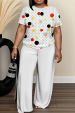 White Black Polka Dot Print O Neck Short Sleeve Oversize T-shirt And Wide Leg Pants Casual Two Pieces Trouser Sets