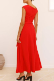 Red Sleeveless Oblique Collar Lace Up Formal Evening Party Prom Maxi Dresses