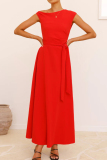 Red Sleeveless Oblique Collar Lace Up Formal Evening Party Prom Maxi Dresses