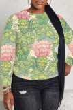 Light Blue Floral Print Round Neck Long Sleeve Casual Plus Size Sweatshirts Tops