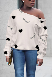 Off White Graphcis Print Oblique Collar Long Sleeve Casual Plus Size Sweatshirt Tops