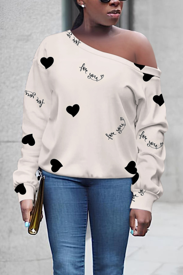 Off White Graphcis Print Oblique Collar Long Sleeve Casual Plus Size Sweatshirt Tops