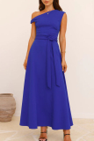 Red Sleeveless Oblique Collar Lace Up Formal Evening Party Prom Maxi Dresses